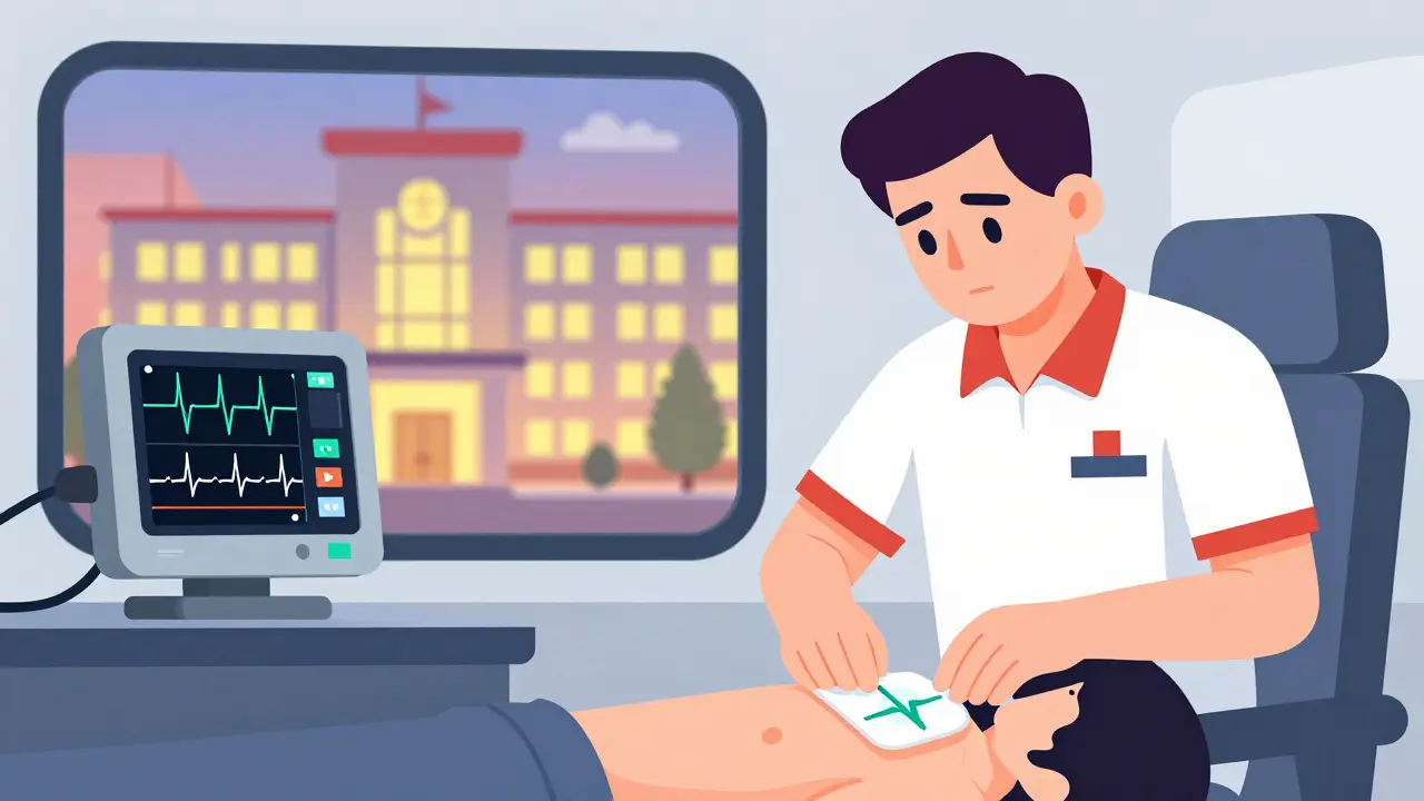 EMT administering ECG in ambulance with digital heart rhythm monitor visible