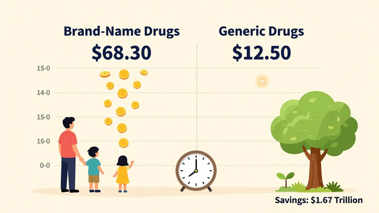 Family budget chart comparing high brand-name costs to low generic costs with savings tree.