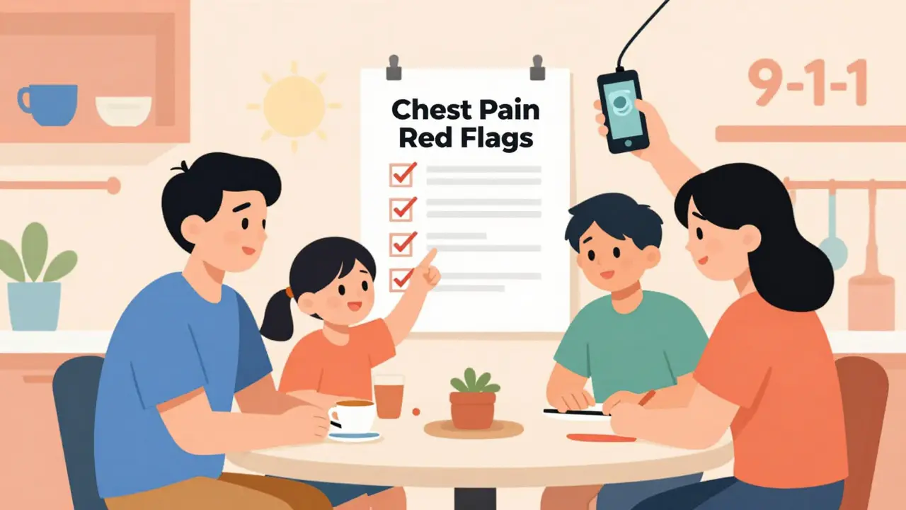 Family reviewing chest pain warning signs checklist at kitchen table with phone ready to call emergency