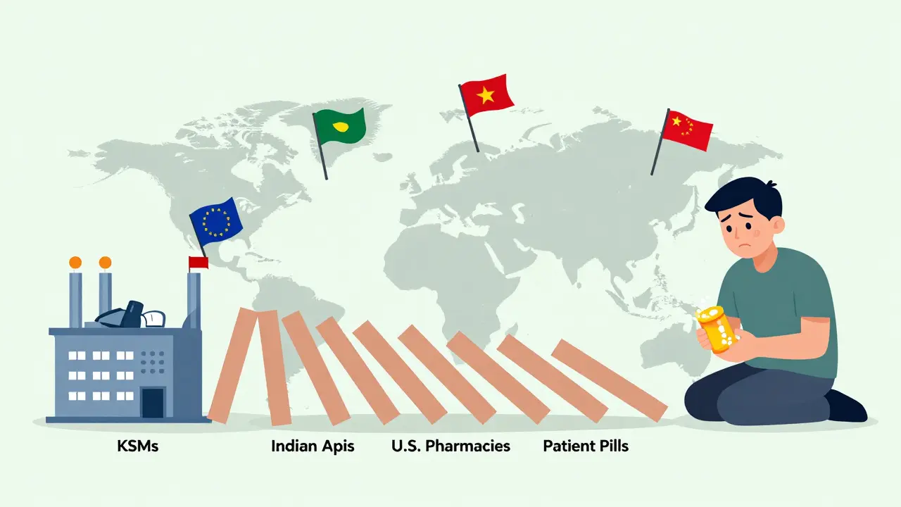 Flat cartoon showing a collapsed Chinese factory causing global medicine supply chain dominoes to fall.