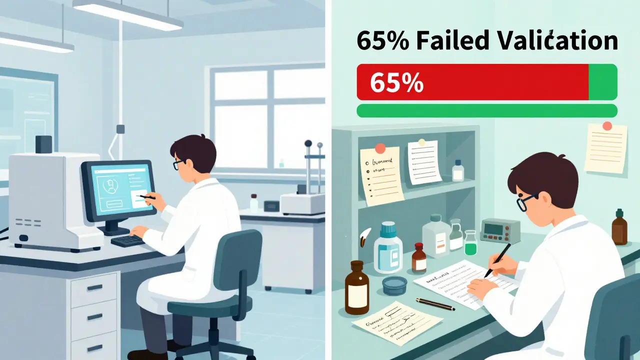 Flat design comparing a clean U.S. lab with a messy Chinese lab, highlighting failed quality validation rates.