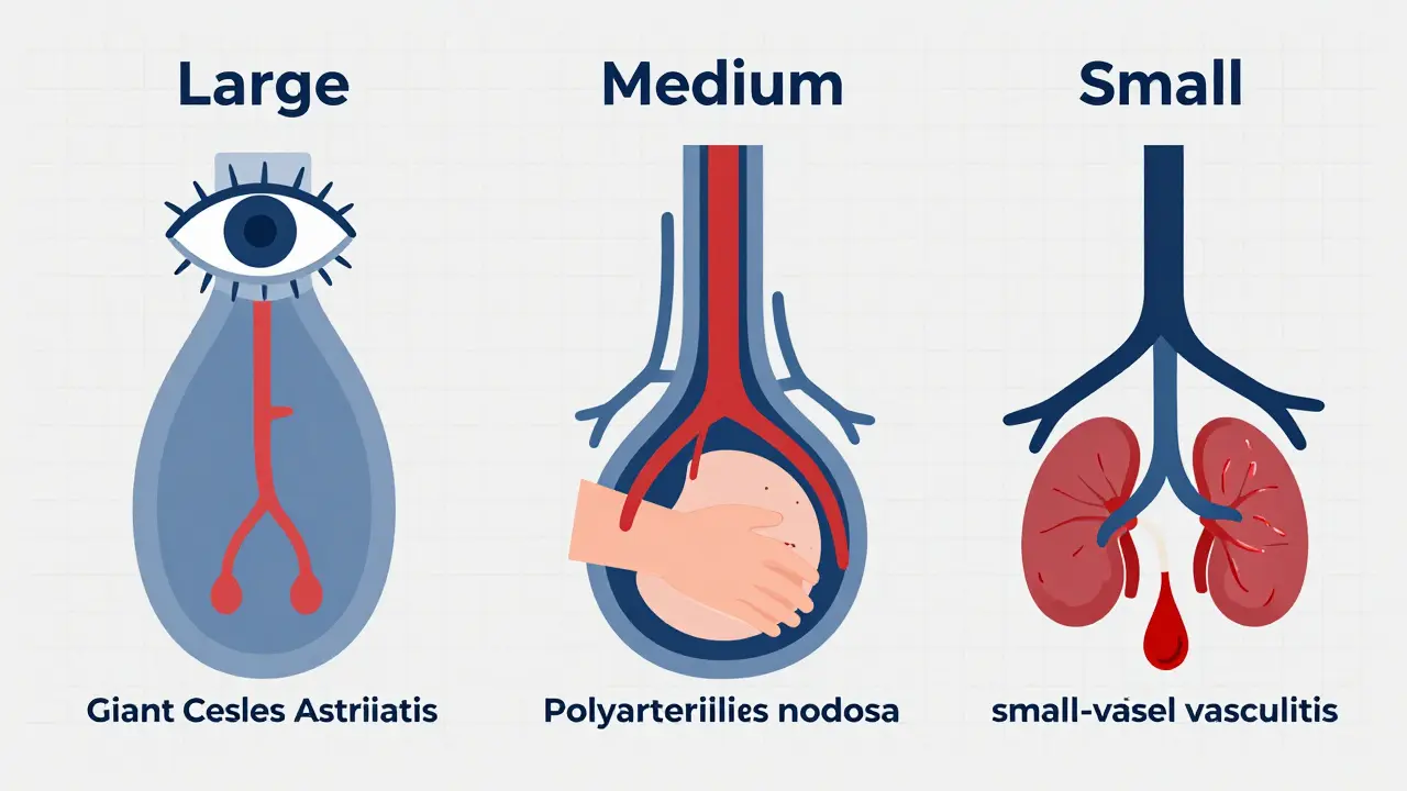 Flat design diagram showing three types of vasculitis by vessel size with associated symptoms as simple icons.