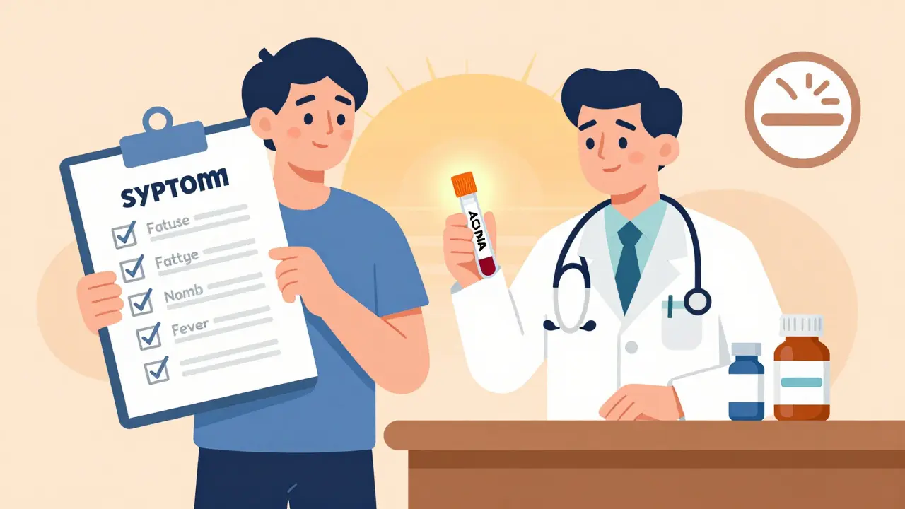 Patient and doctor discussing vasculitis diagnosis with symptom journal and medication icons, set against a hopeful sunrise.