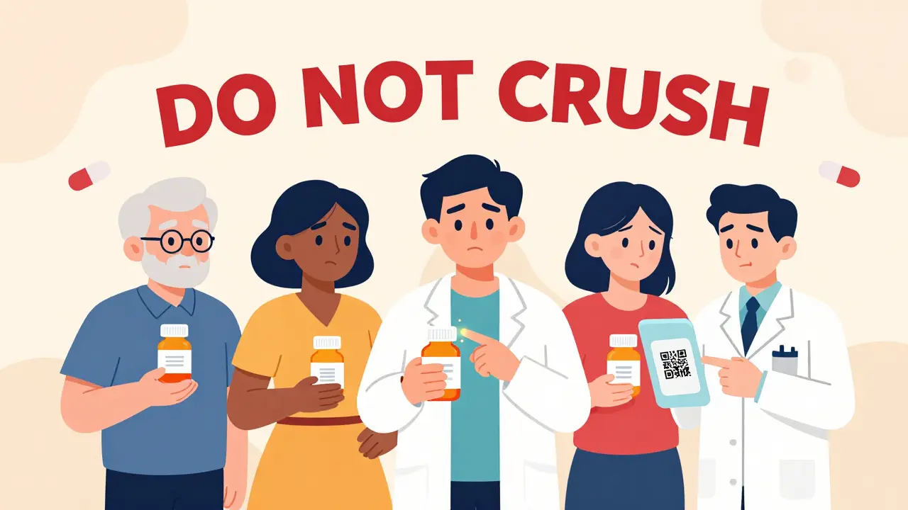People confused with pill bottles, pharmacist pointing to QR code, 'DO NOT CRUSH' in bold red letters.