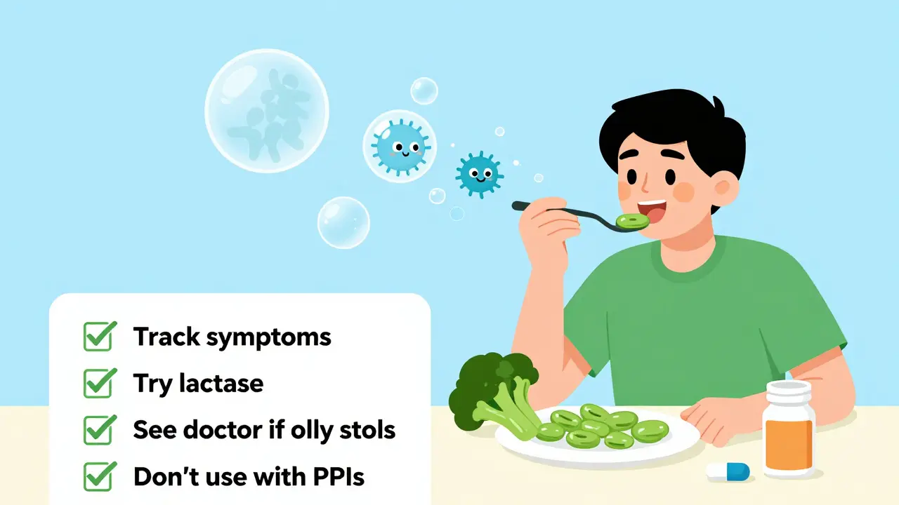 Person eating beans and broccoli with enzyme characters reducing gas bubbles, next to a symptom-tracking checklist.