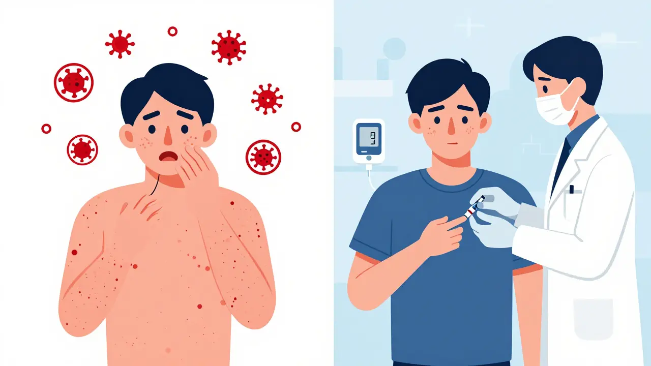 Person experiencing hives from insulin allergy on one side, safely undergoing desensitization on the other.