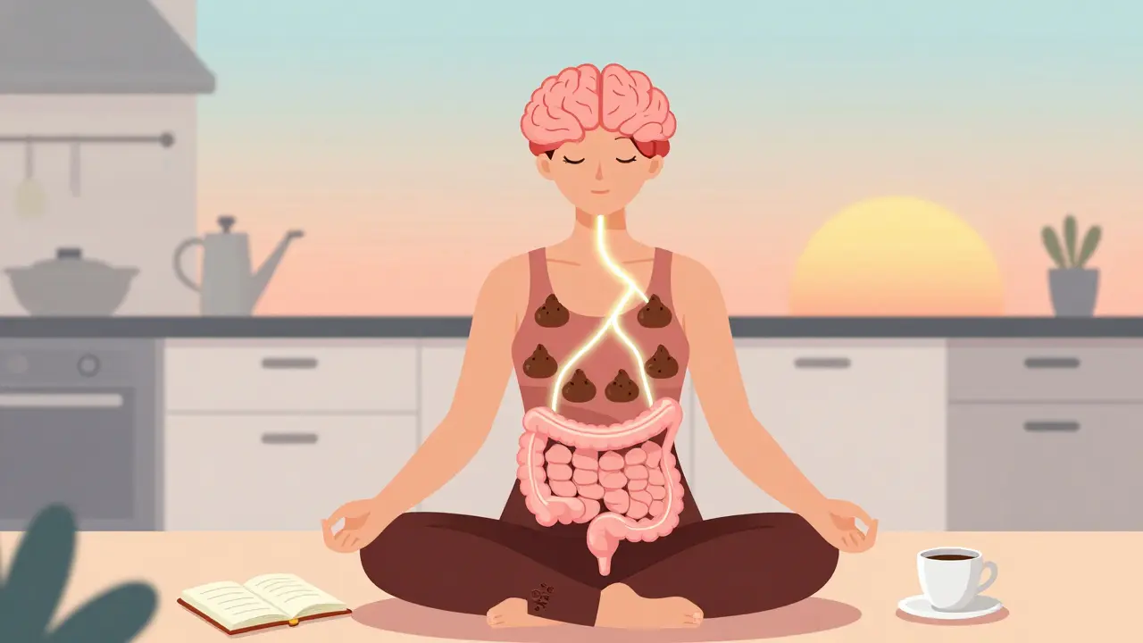 Person meditating with brain-gut connection, symbolizing calm and balance in IBS-M management.