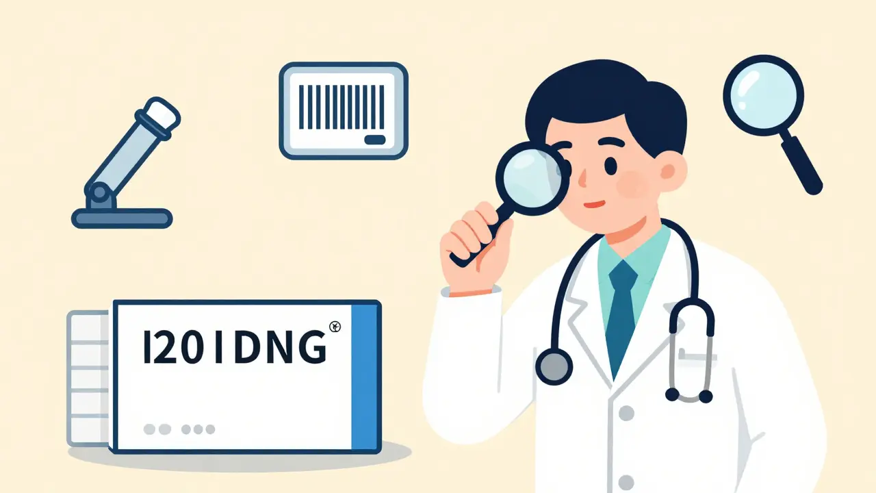 Pharmacist examining a medicine package with a magnifier, checking micro-text and font consistency on the label.