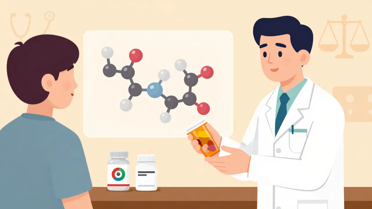 Pharmacist giving a prescription with two pill bottles, showing identical medicine inside.