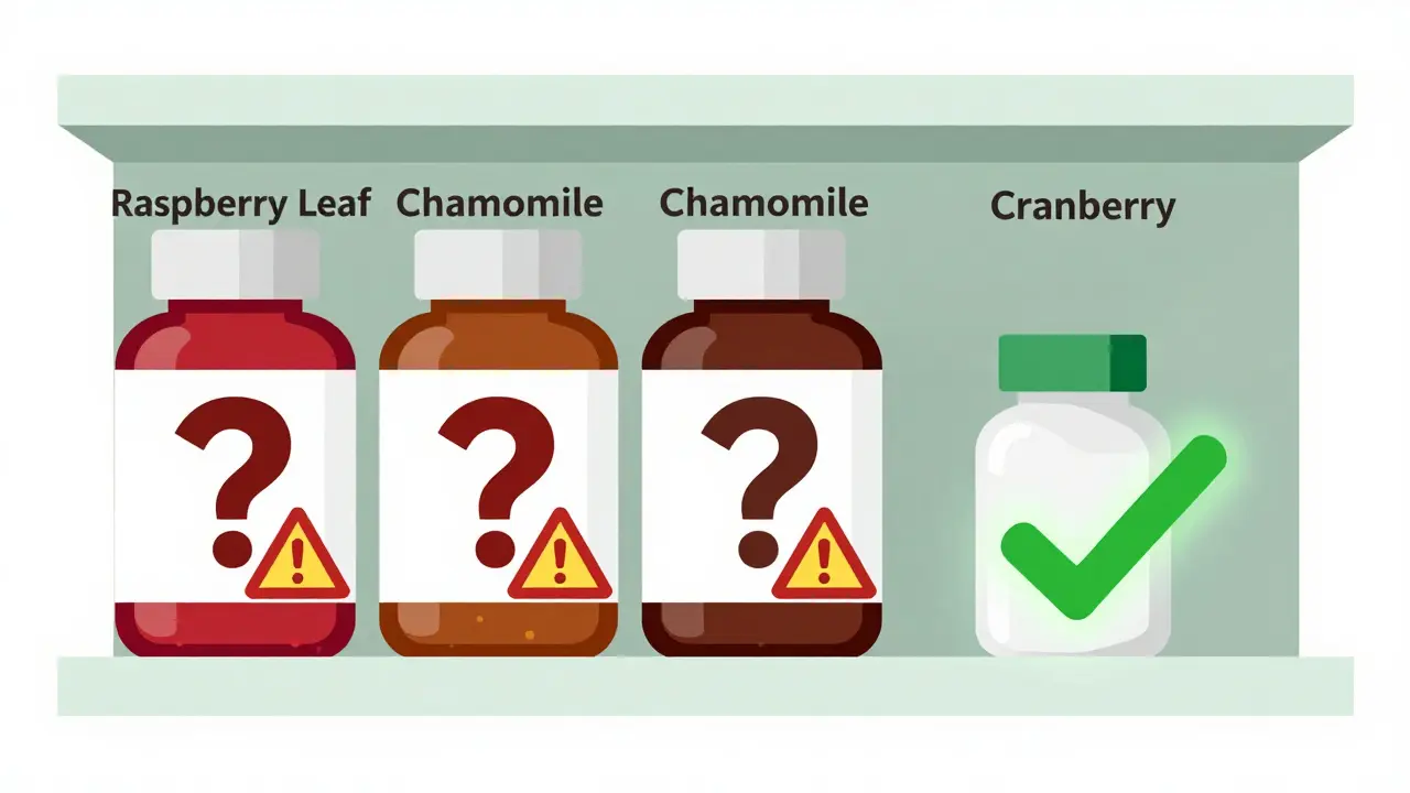 Pharmacy shelf with herbal supplements marked by warning signs, prenatal vitamins glowing as the only safe choice.