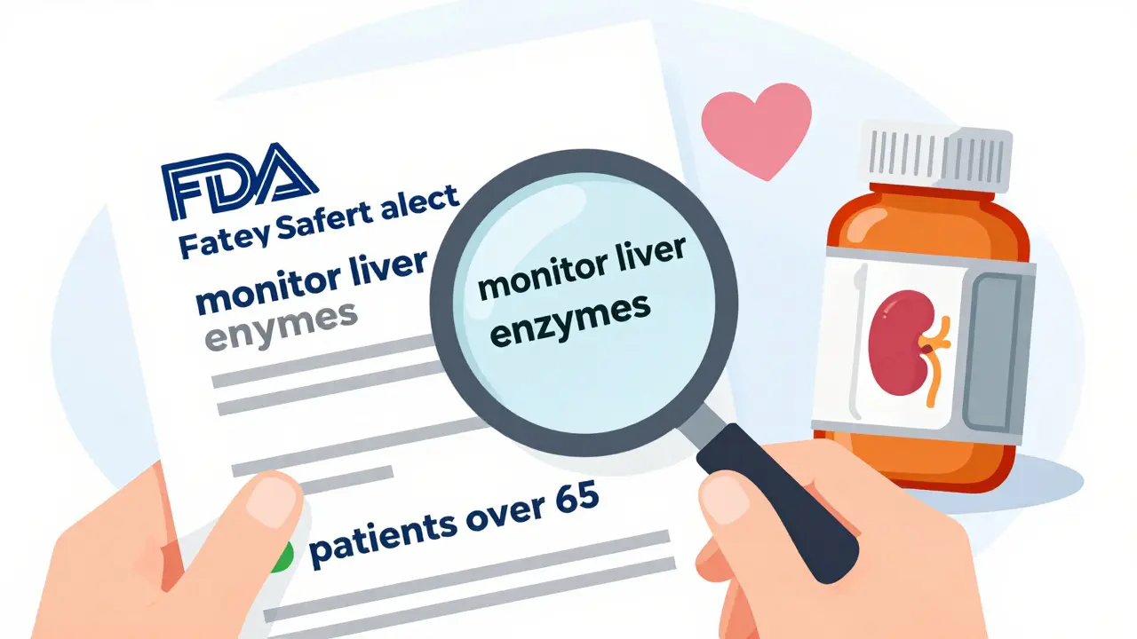 Printed FDA alert next to medication bottle with key safety phrases highlighted.