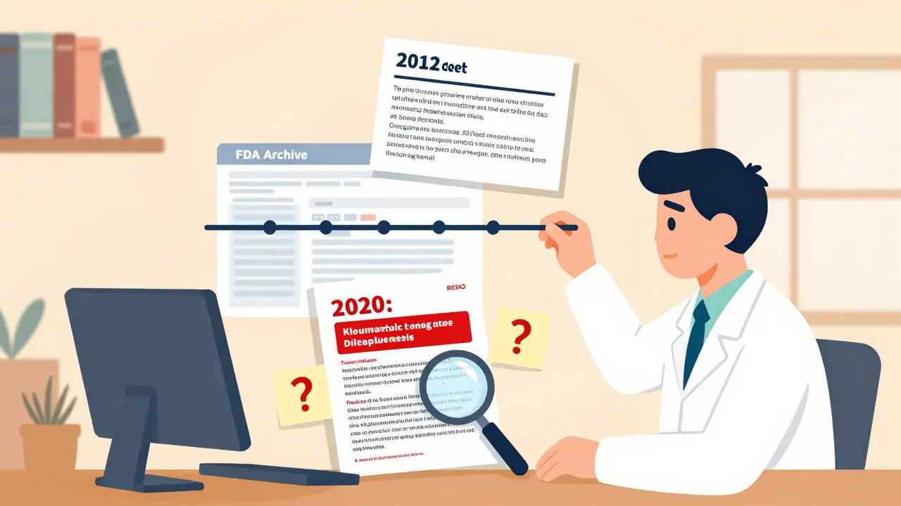 Researcher comparing an old archived FDA alert with a modern labeling change document on a desk.