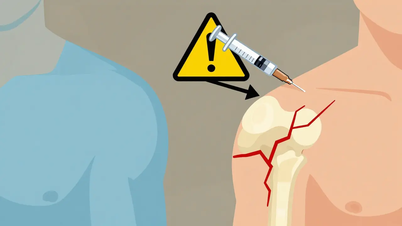 Side-by-side comparison of a healthy shoulder versus a severely degenerated one with a cortisone syringe and warning sign.