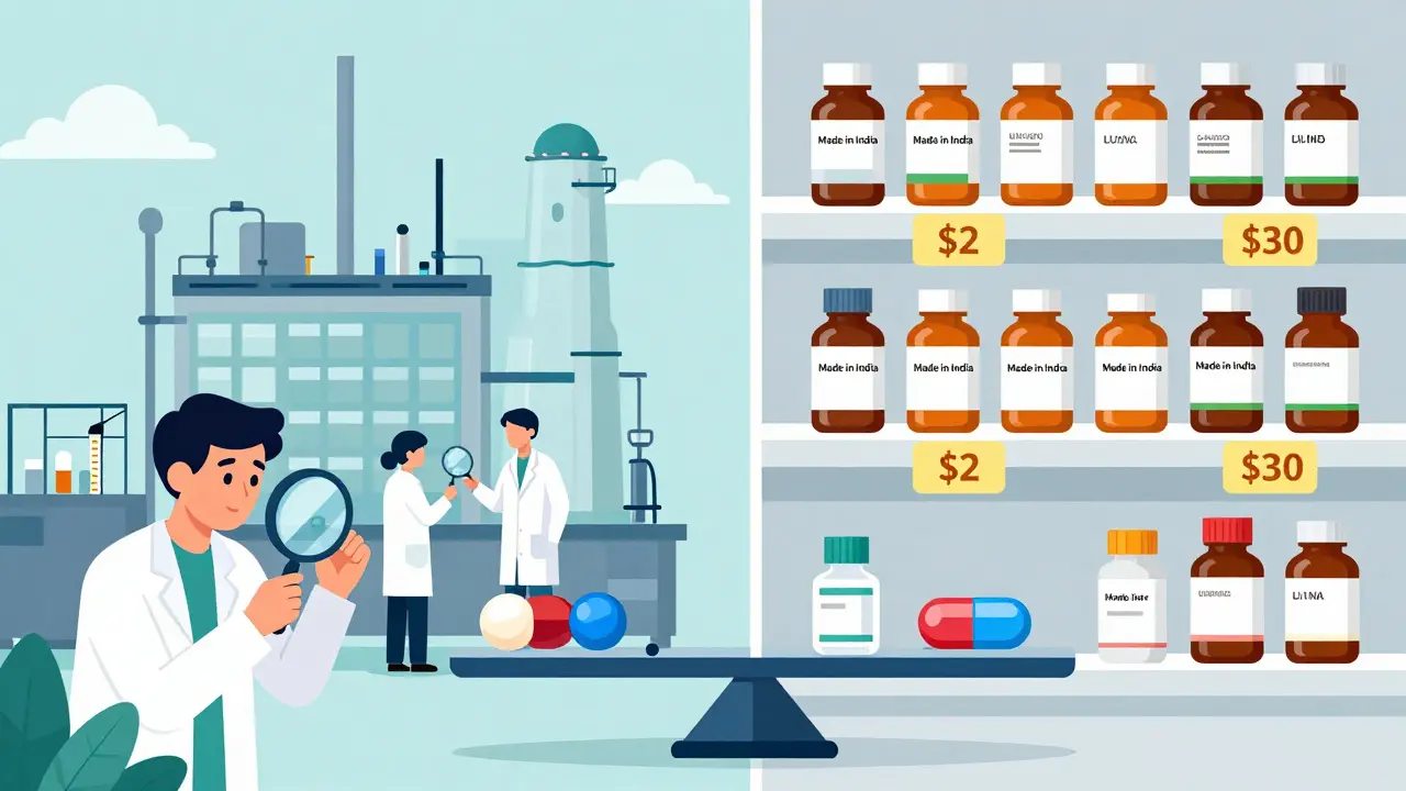 Side-by-side comparison of cheap Indian generic pills versus expensive branded ones in a pharmacy.