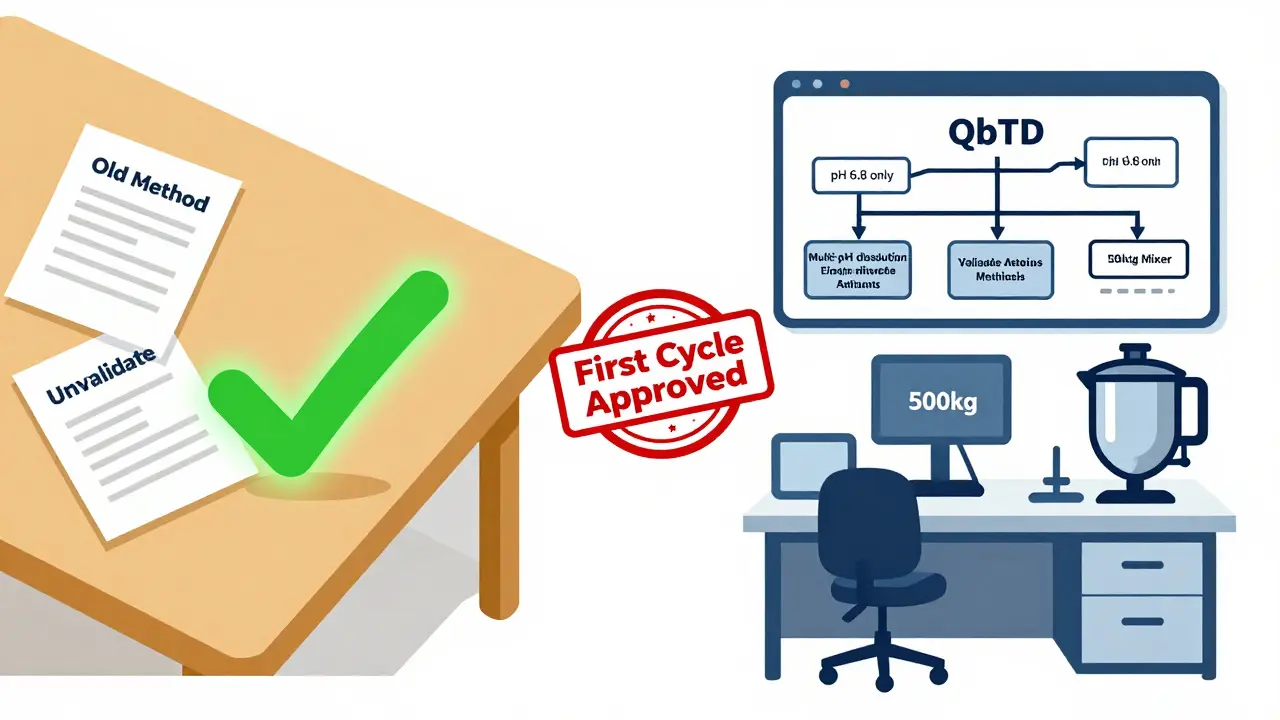 Split cartoon scene comparing disorganized drug development to a QbD-compliant, validated process with green approval markers.