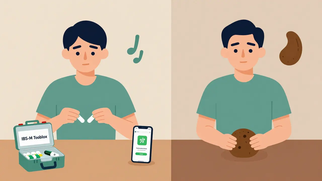 Split scene showing two people using different IBS-M medications for diarrhea and constipation.