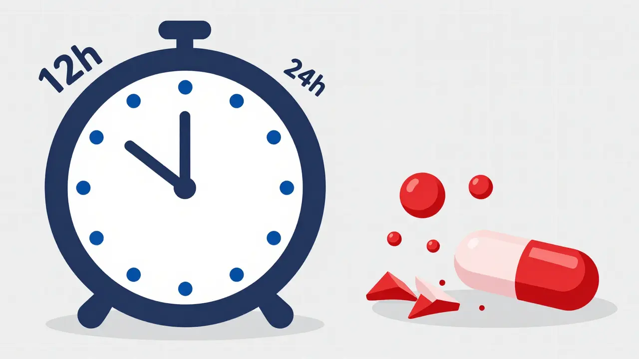 Split-screen: whole extended-release pill releasing slow dots vs. crushed pill spilling all dose at once.