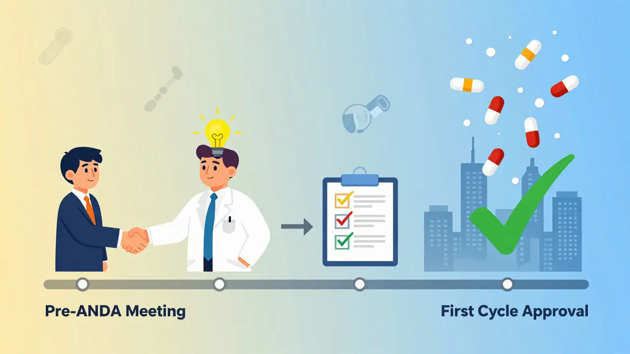Timeline cartoon showing steps from pre-meeting to first-cycle approval, ending with pills raining over a city.