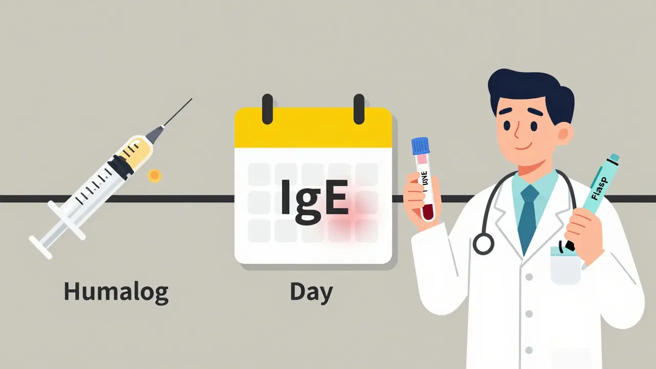 Timeline showing insulin allergy progression from reaction to diagnosis to switching to a safer insulin type.