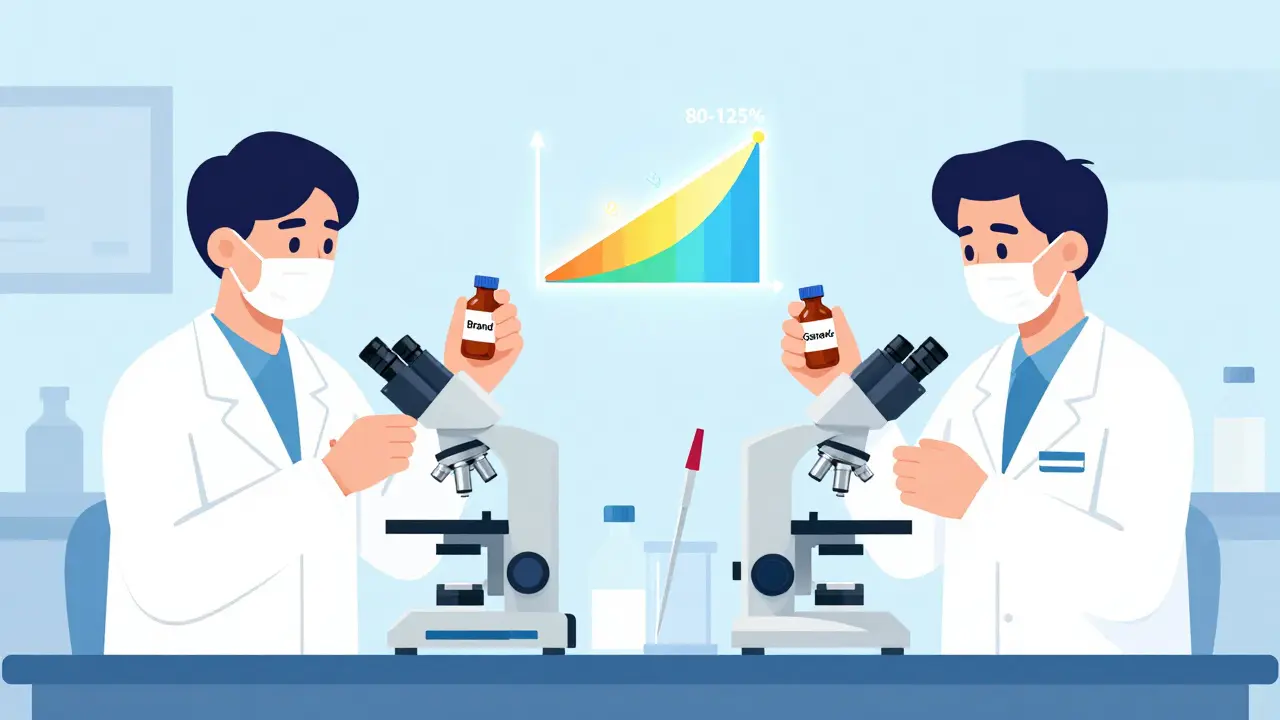 Two FDA technicians using identical lab equipment to test brand and generic drug samples side by side.