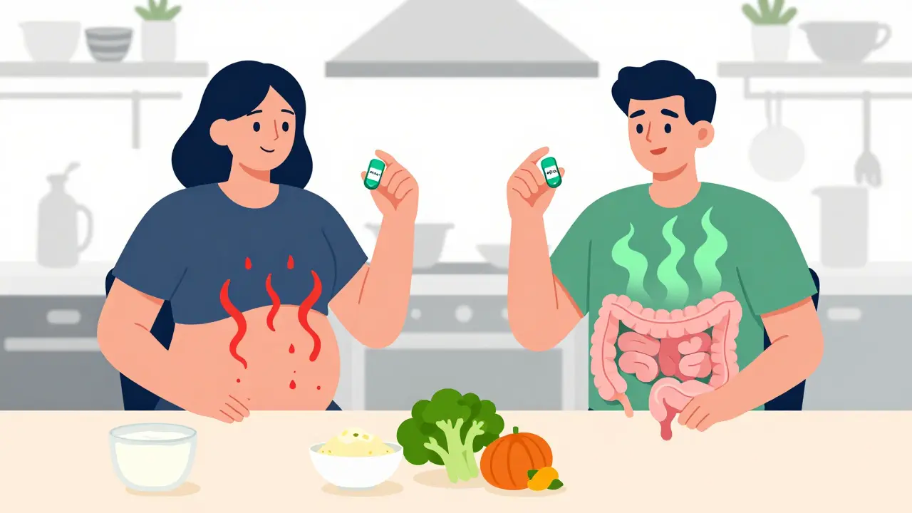 Two people at a table: one with inflamed gut and leaky lining, the other with healthy gut emitting energy streams, surrounded by fermented foods.