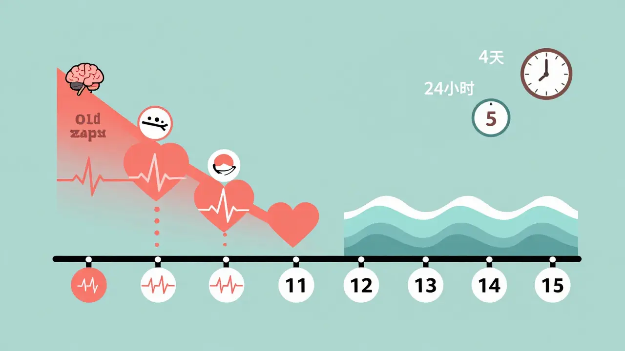 Two sliding scales showing medication tapering and increasing over 14 days with health icons.