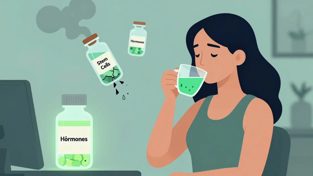 Woman drinking detox tea as dangerous vials float behind her, safe bottle in foreground