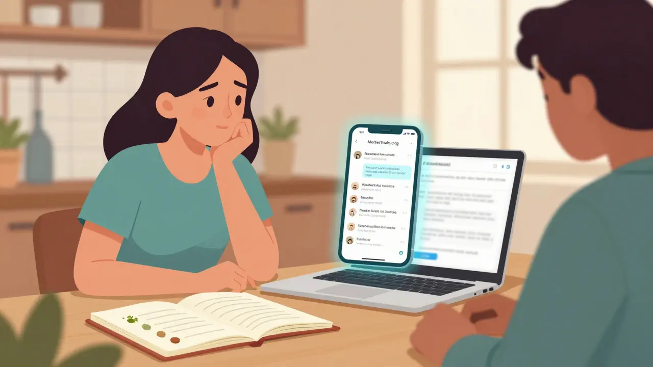 Woman researching herbal safety online while writing down supplements, partner nearby, MotherToBaby.org visible.