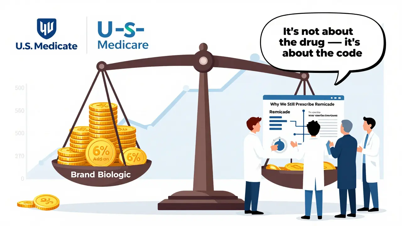 A balance scale comparing reimbursement for brand biologic versus biosimilar, with doctors debating billing incentives.