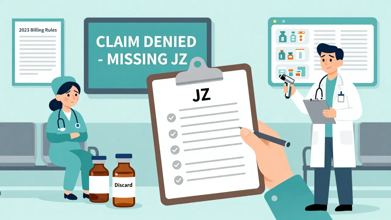 A healthcare worker struggling with a JZ modifier claim denial while a pharmacist uses a barcode scanner to track vial usage.