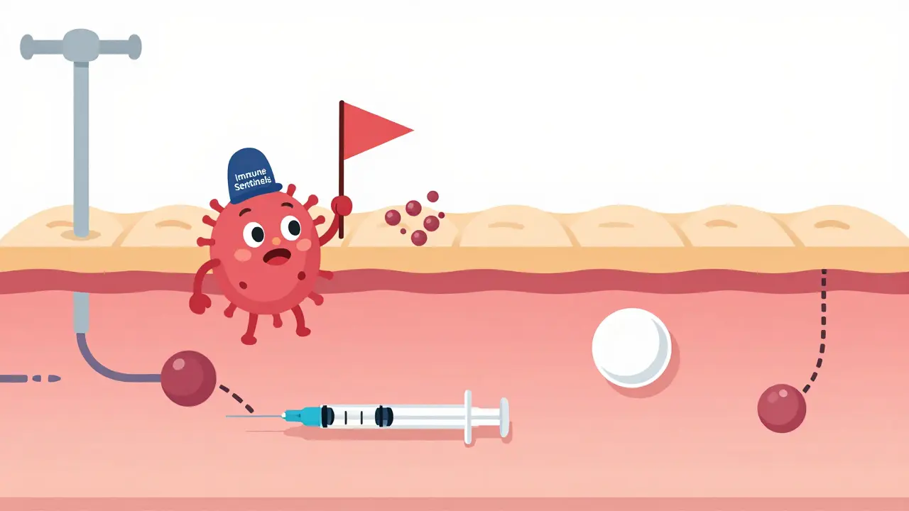 Cartoon dendritic cells in skin detecting protein aggregates from a subcutaneous injection, with one raising a warning flag.