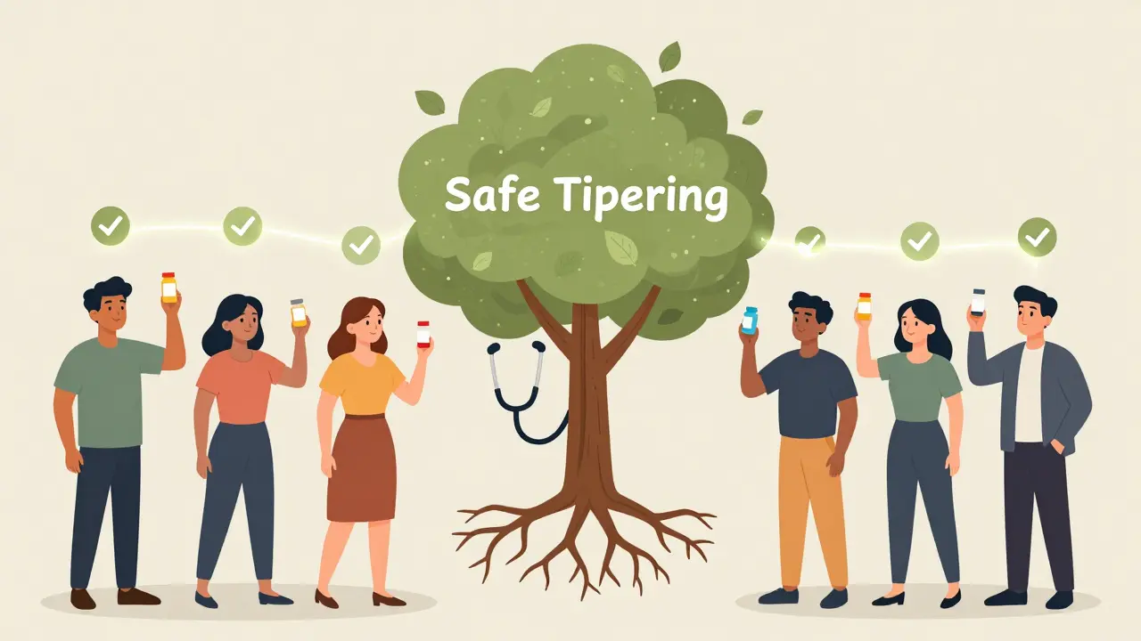 Diverse individuals on personalized medication taper timelines connected to a safe tapering tree.