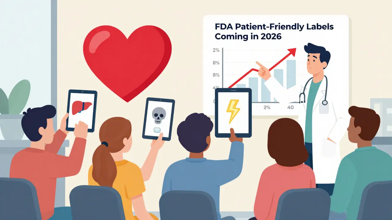 Diverse patients viewing simplified benefit-risk icons on tablets in a clinic setting.