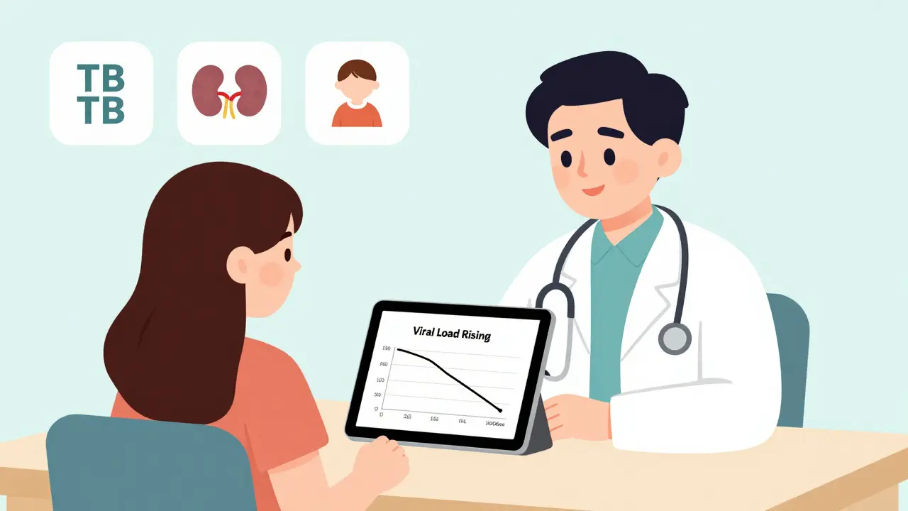 Doctor and patient reviewing TDM graph showing viral load stabilizing after dose adjustment