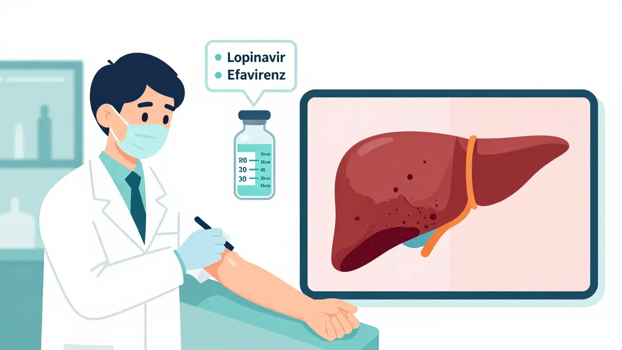 Lab technician drawing blood with floating drug concentration readings and liver toxicity comparison