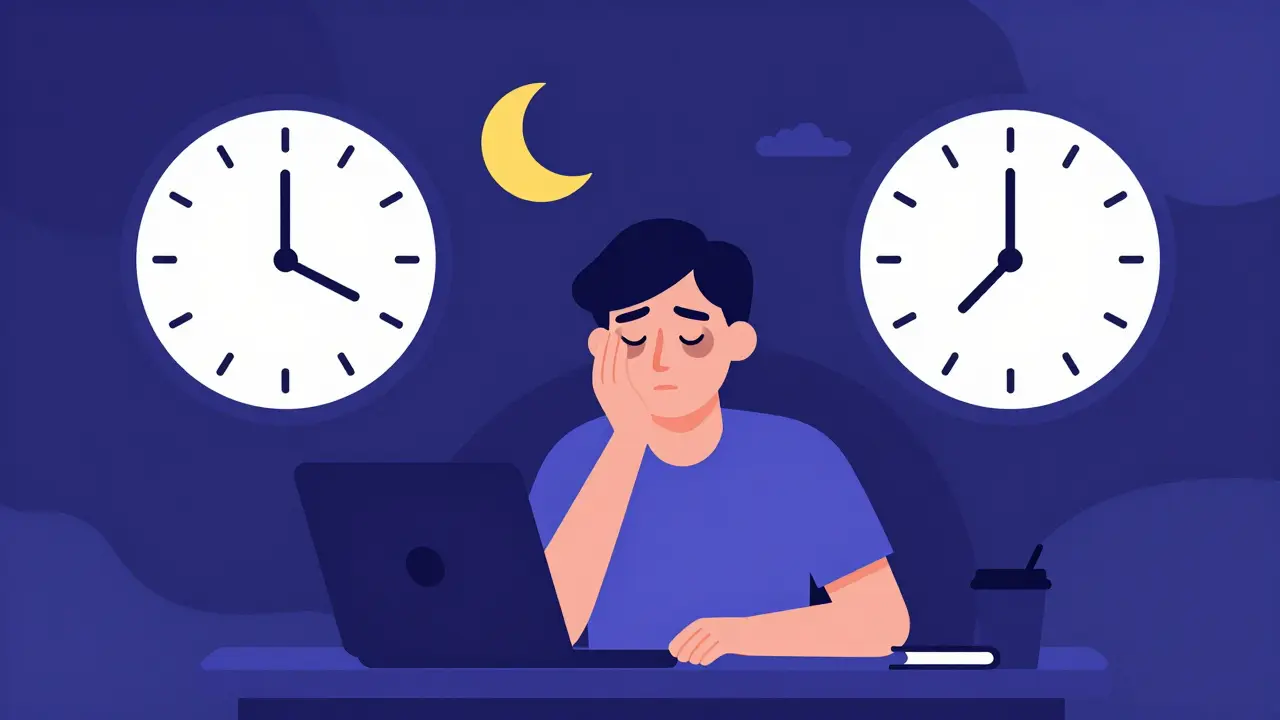 Night owl struggling with early work schedule showing social jet lag