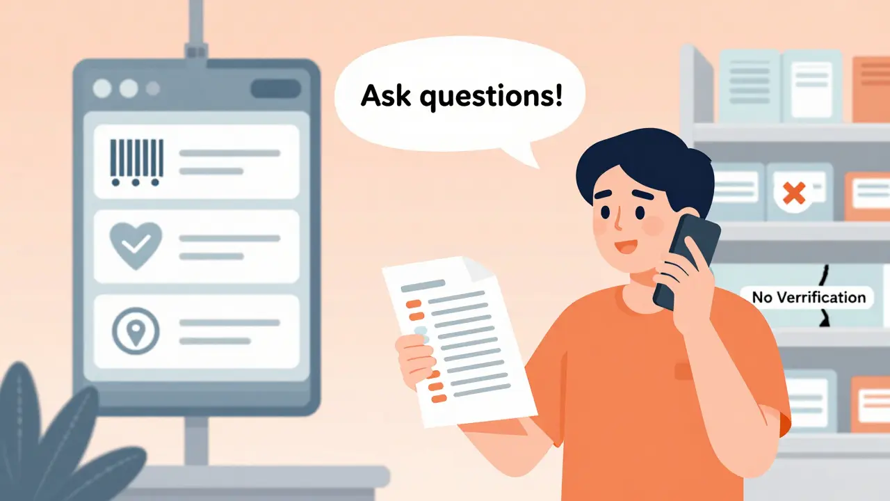 Patient holding a medication list and calling their doctor, with split view of hospital safety checks vs. pharmacy's lack of verification.