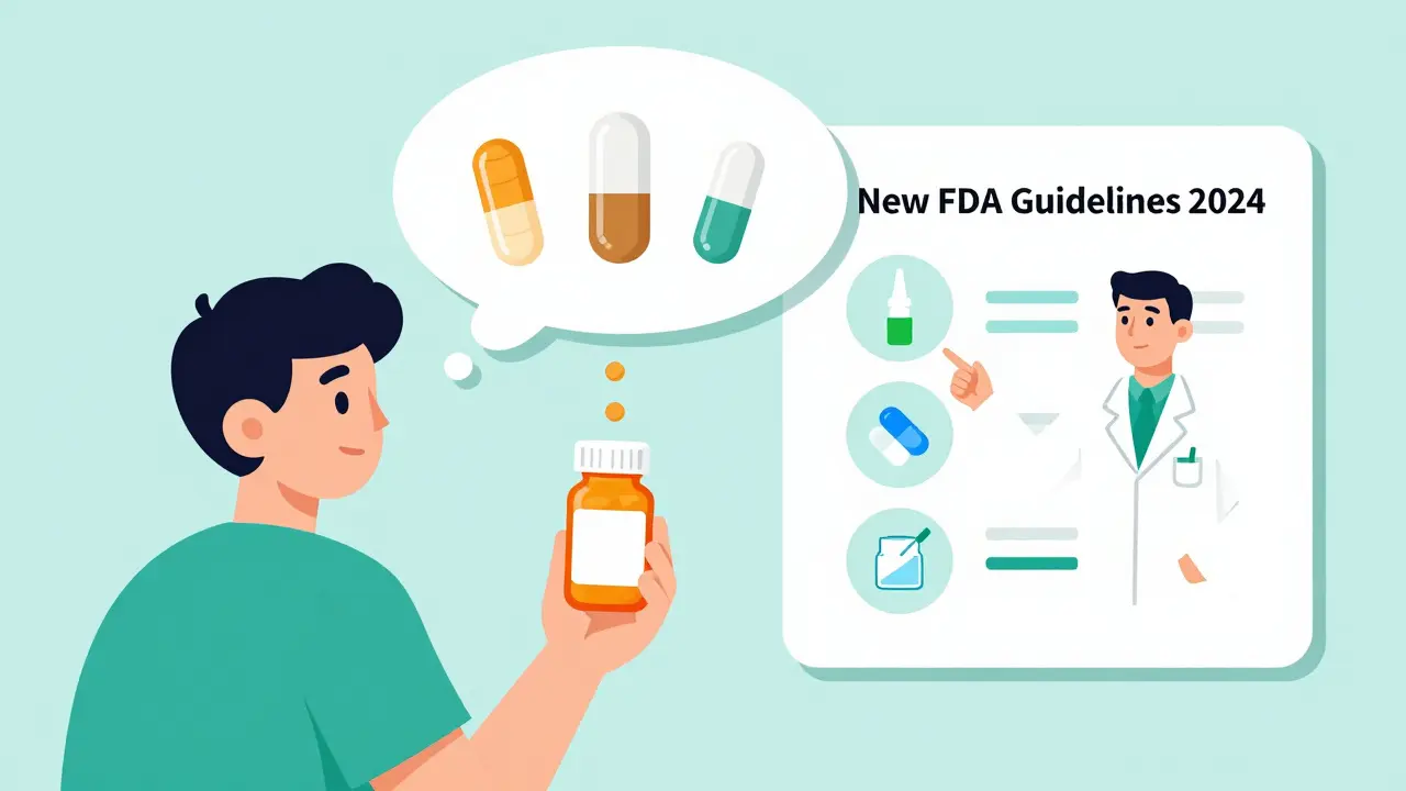 Patient holding pill bottle with three varying batches in thought bubble, pharmacist pointing to new FDA guidelines.