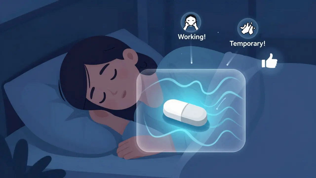 Person asleep as medication works gently in body, showing fatigue and nausea as temporary signs of effectiveness.