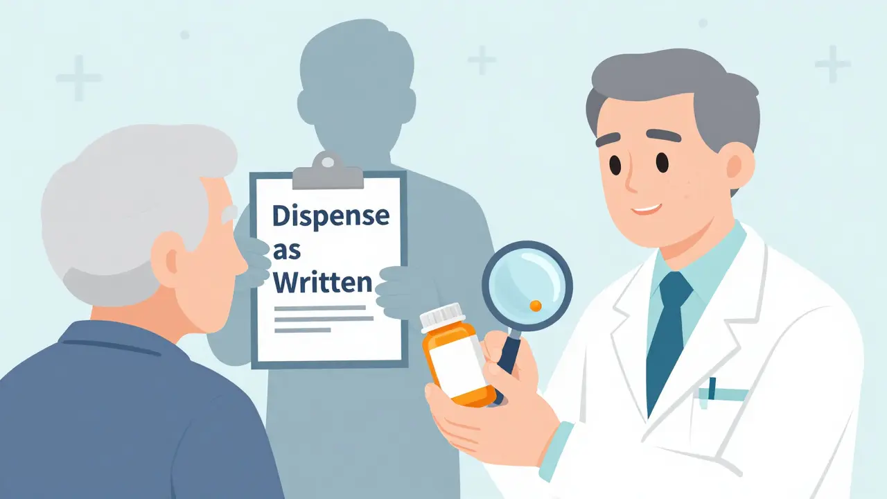 Pharmacist giving pill bottle to elderly patient while magnifying glass reveals FDA warning on manufacturer label.