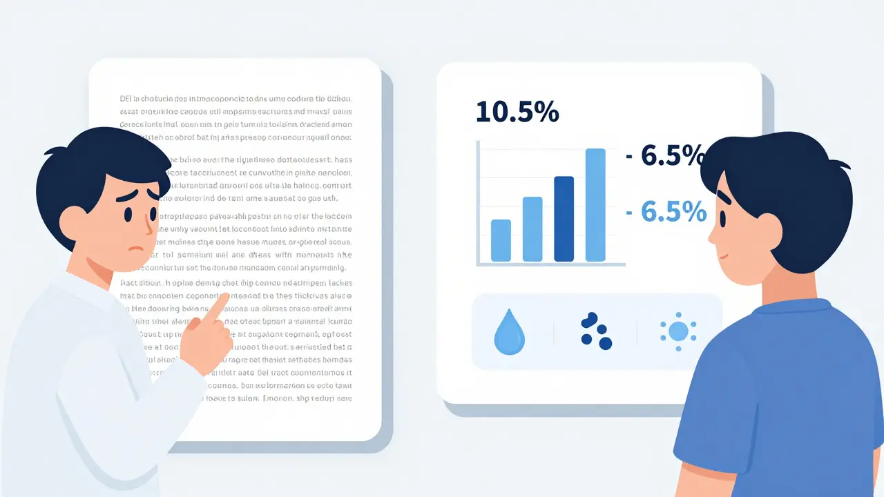 Side-by-side comparison: confused patient vs. patient understanding drug benefits with clear bar chart.