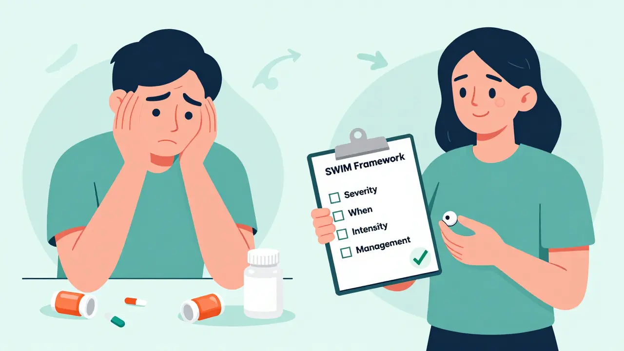 Split scene: person about to quit meds vs. same person using SWIM framework with pharmacist's help.
