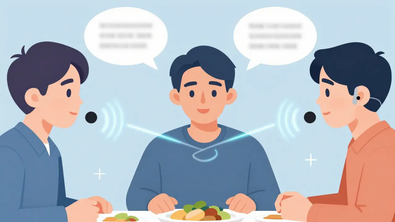 Three people at a dinner table each wear microphones, their voices merging into one clear audio stream that flows into a hearing aid.