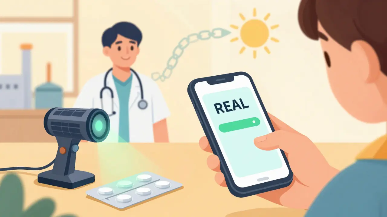 A child checks medicine authenticity via SMS on a phone, with a solar scanner nearby.