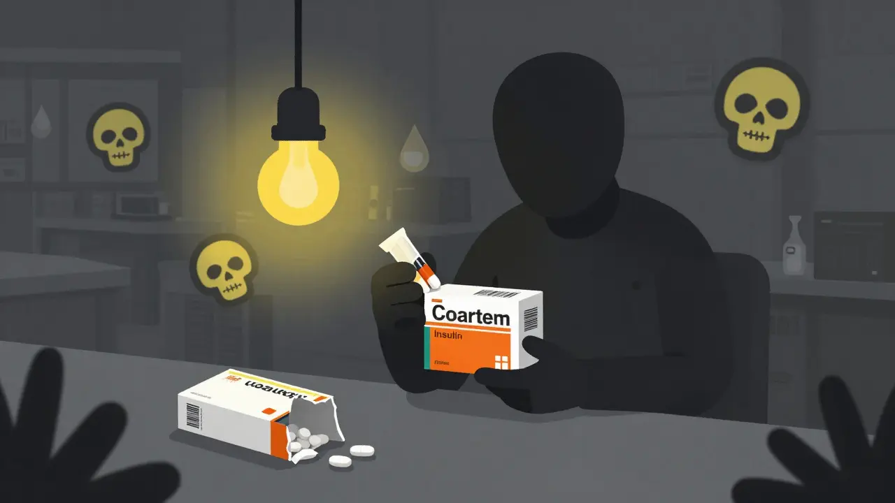 A criminal packs counterfeit pills in a dark warehouse with toxic warning symbols.