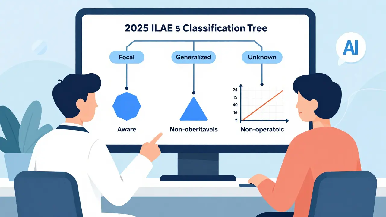 A doctor and patient in a clinic, viewing a digital classification tree of seizure types on a screen, with a graph showing improved outcomes.