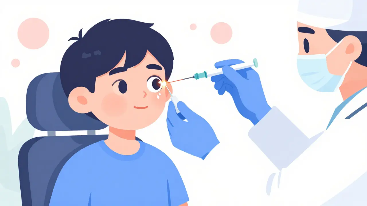 A patient receiving a painless eye injection to treat retinal swelling.