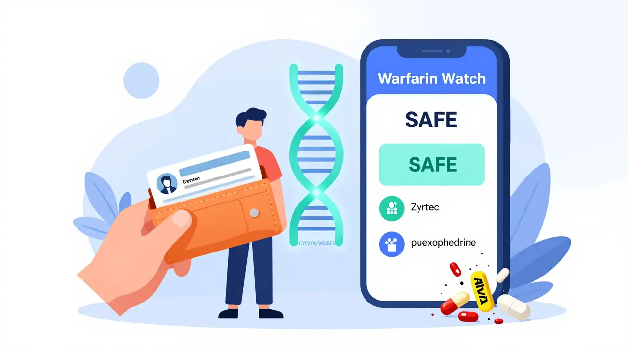 A person holding a medication safety card with a digital app confirming safe choices and a genetic strand symbolizing personalized warfarin testing.