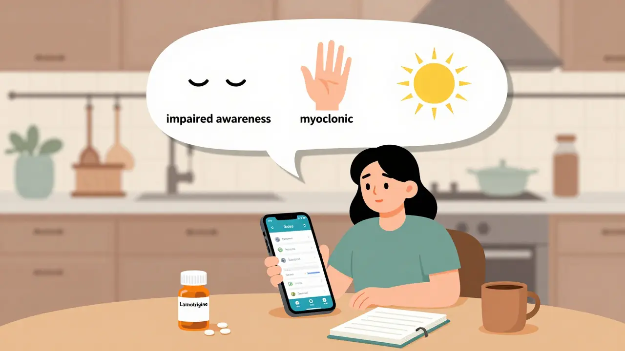 A person using a seizure diary app on their phone, with floating icons showing different seizure types above them, beside a pill bottle and notebook.