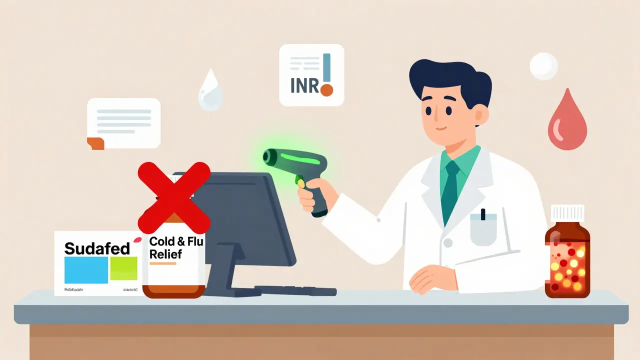 A pharmacist using a barcode scanner at a pharmacy counter to verify safe cold medications while dangerous multi-symptom bottles are rejected.